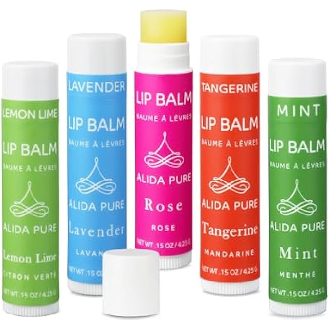 ALIDA PURE ARIA LIP BALM COLLECTION, VEGAN LIP BALM SET, BEESWAX FREE, WITH AVOCADO OIL, ORGANIC JOJOBA OIL, AND VITAMIN E, NATURAL MOISTURIZER FOR DRY, CHAPPED LIPS, 5 TUBE SET - Image 1
